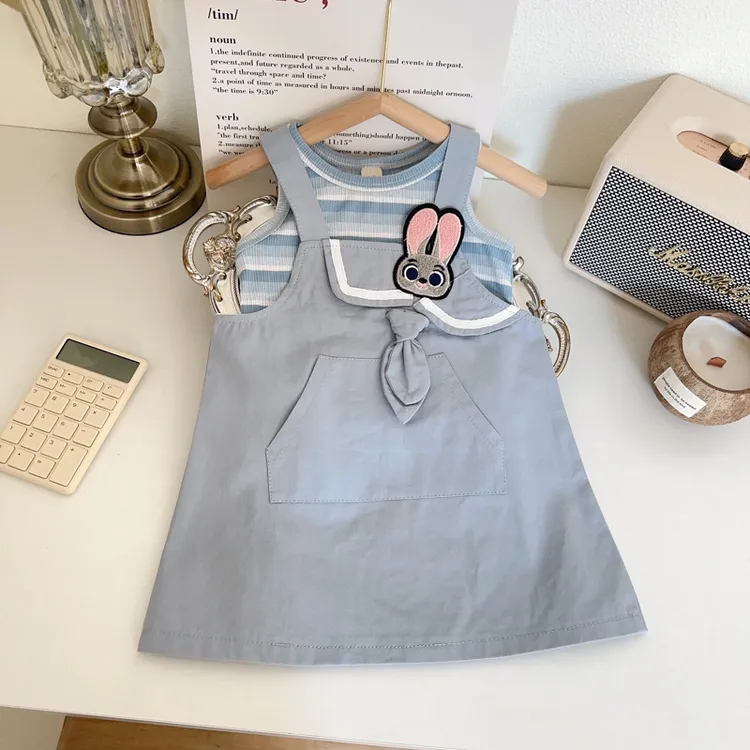 2025女童韩版小兔子套装夏季新款条纹背心兔子背带裙两件套