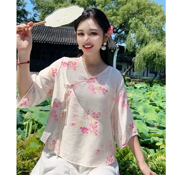 夏季短版小衫文艺复古女装民国风茶艺师茶服低领上衣中袖宽松