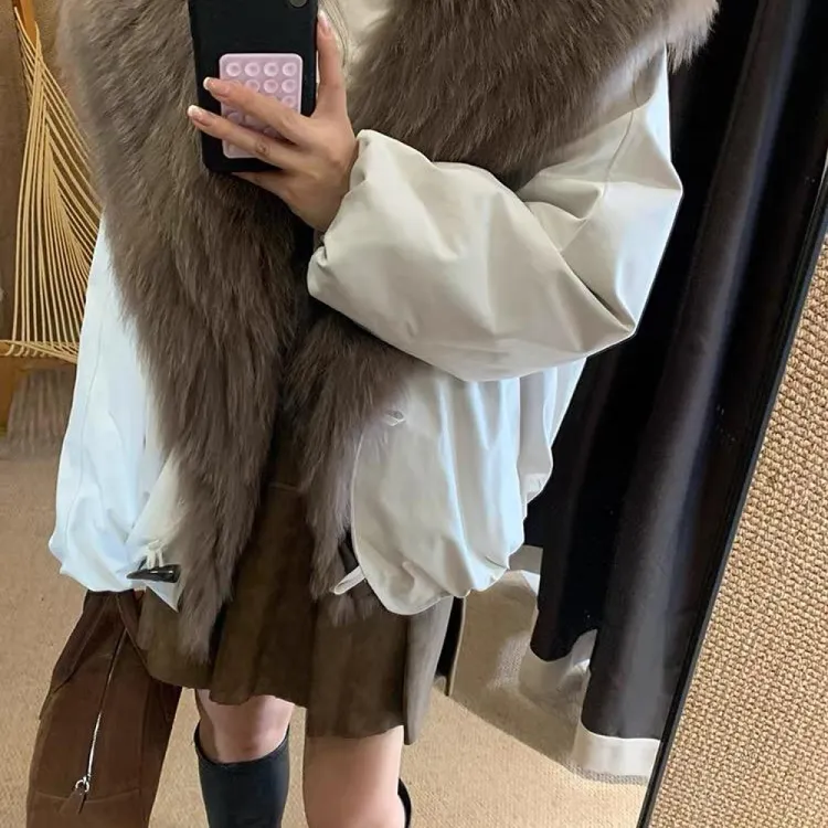 狐狸毛领外套女秋冬棉服外套大翻领车条时髦派克服