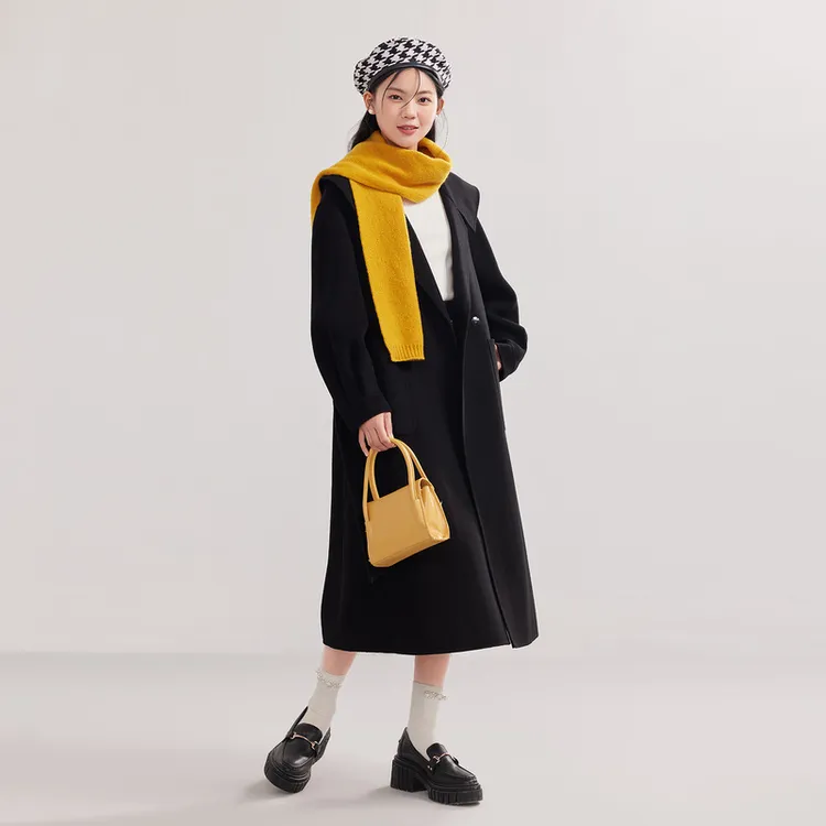 爱居兔冬季女装大翻领纯色通勤中长款双面呢大衣EWDSJ4M009A