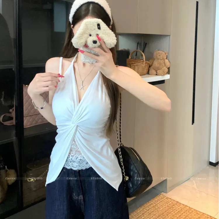 法式蕾丝设计感挂脖V领带胸垫美背吊带背心女夏季外穿
