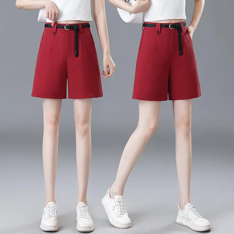红色西装五分短裤女夏季2025新款高腰宽松显瘦百搭休闲A字阔腿裤