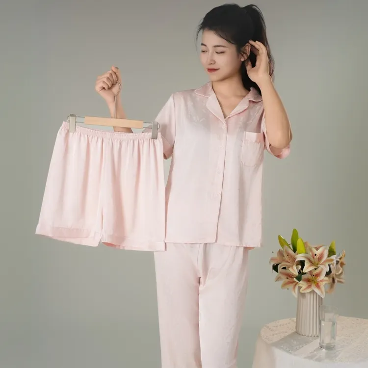 三件套凉感贡缎软丝薄款睡衣女家居服夏大码宽松可外穿