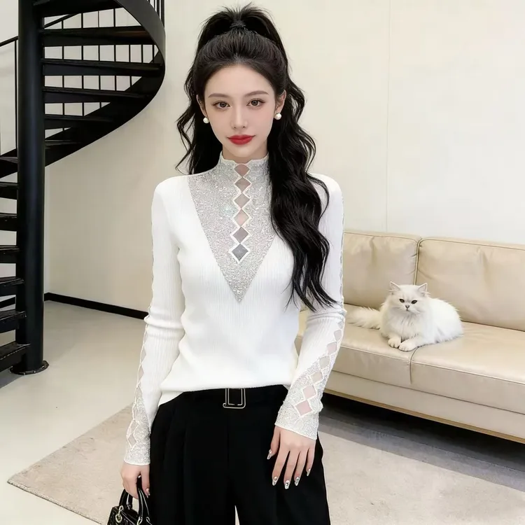 网红欧货女黑色T恤秋冬新款小衫半高领长袖烫钻百搭打底衫1215