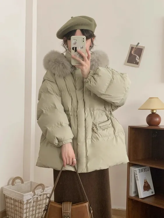 2025秋冬季新款大码通勤风牛角扣超大毛领加厚宽松中长款棉服外套