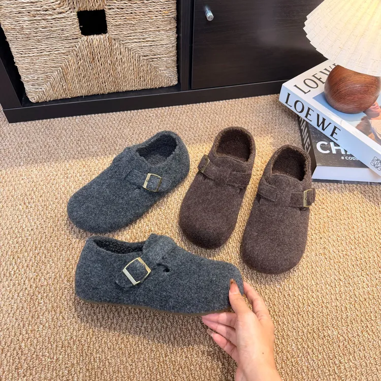 复古圆头毛毡加绒勃肯鞋女加绒秋冬季一脚蹬保暖棉鞋毛呢乐福鞋