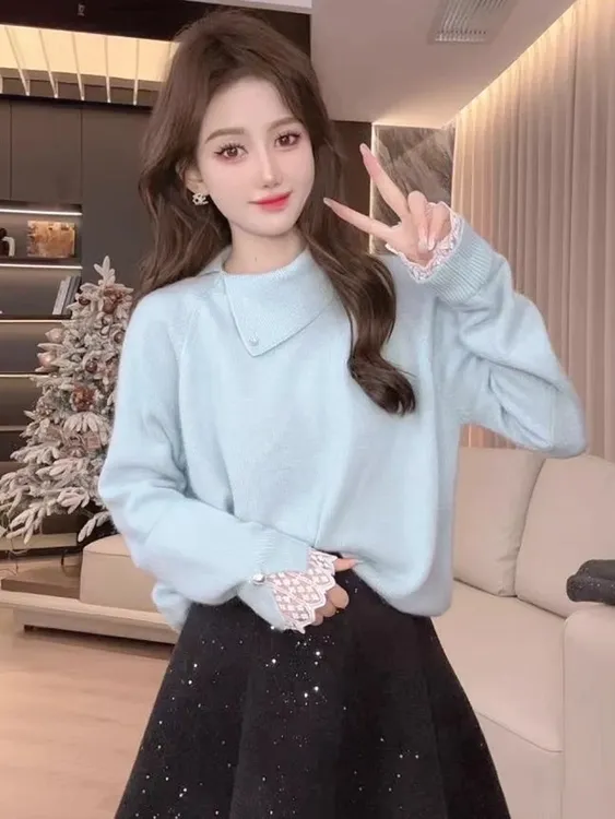 不规则蓝色翻领蕾丝毛衣2025新款爆款秋冬季高级感内搭上衣H3-97