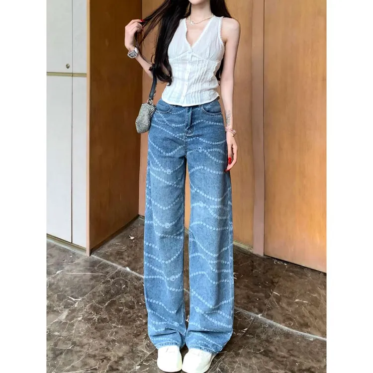 小香珍珠链条印花阔腿牛仔裤女2025秋季新款高腰宽松日常休闲长裤
