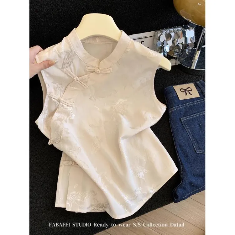 新中式国风提花无袖衬衫女夏款高级感盘扣背心日常可穿旗袍领上衣