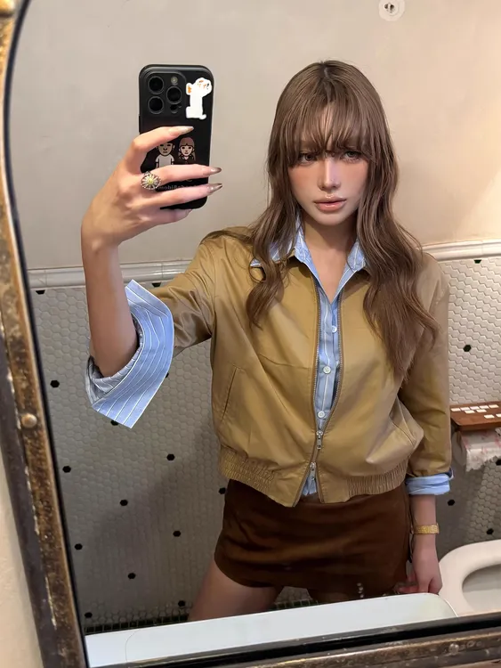 【现货】早秋新款美式复古时髦翻领外套上衣假两件撞色条纹短夹克女