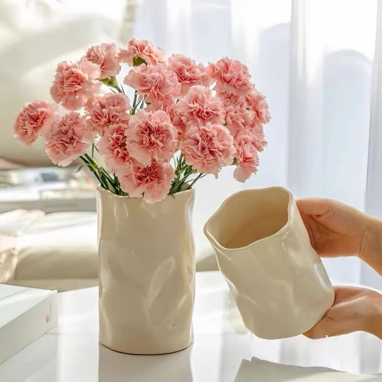 奶油风高级感冰纹花瓶摆件陶瓷花瓶北欧家用客厅民宿插花水培花瓶