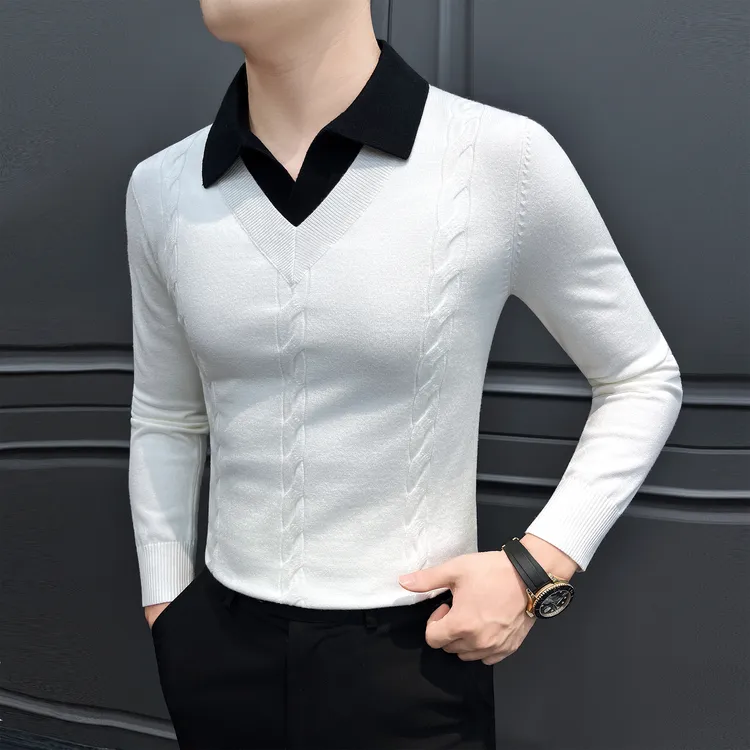 V领假两件男士针织衫秋冬款条纹毛衣男款爆款2025新款男装打底衫