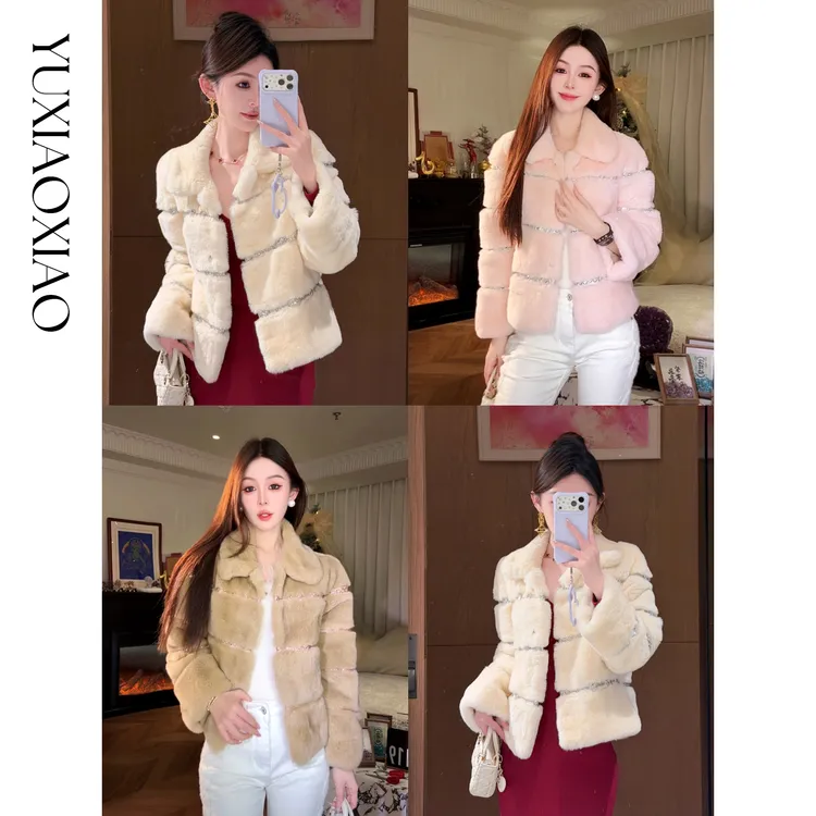 余潇潇【灵感缪斯】100雷克斯獭兔毛内里夹棉水钻织带气质翻领皮草