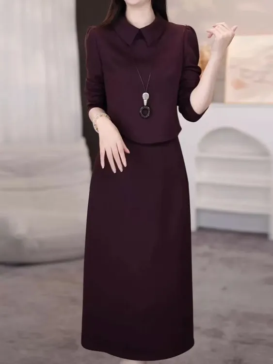 T608 秋季穿搭长袖女2025新款女装爆款真两件套装裙无项链装饰