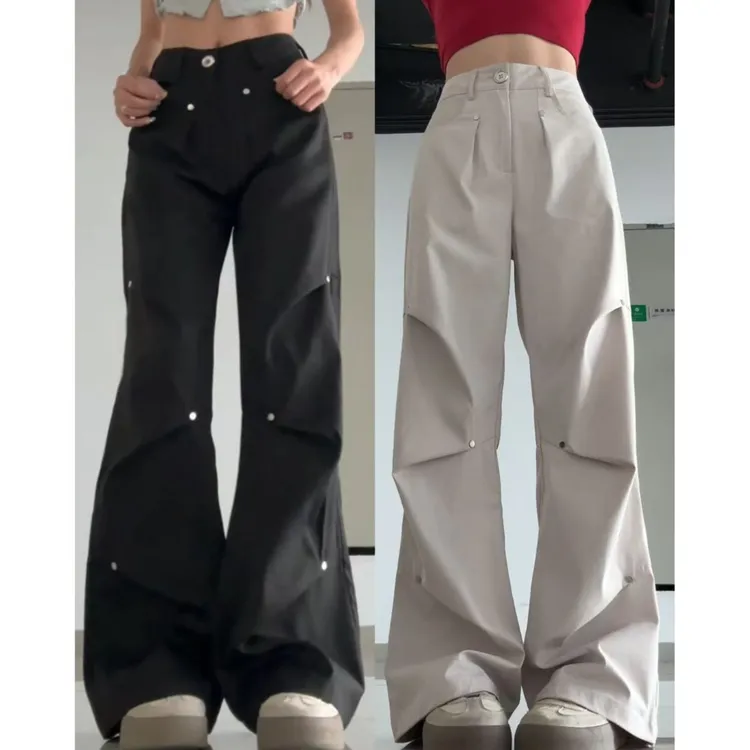 夏季薄款百搭铆钉阔腿直筒工装裤女