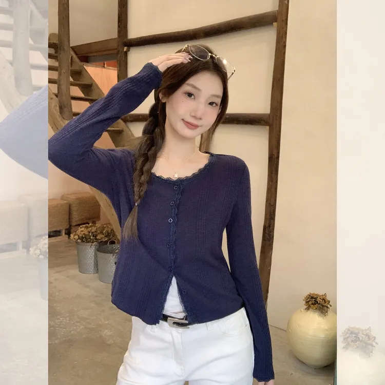 甜美风深蓝色单排扣花边长袖T恤女秋季别致减龄修身显瘦上衣