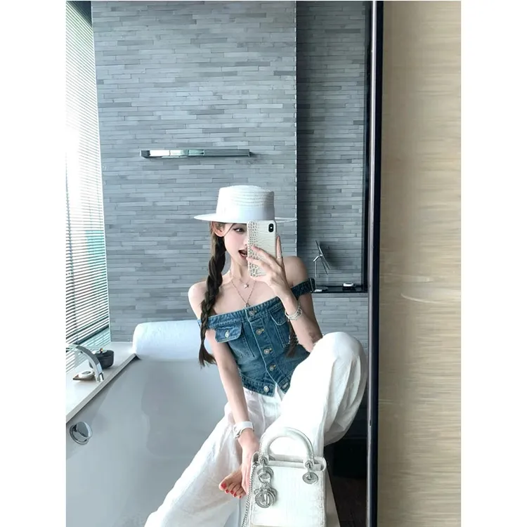 【都市大小姐】夏季新款设计感纯欲性感一字肩牛仔抹胸配高腰休闲裤