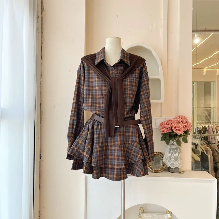 LHTE青青大码衣橱 秋冬美拉德假两件衬衫学院风连衣裙L5958棕色