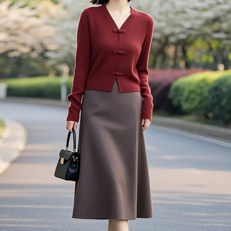 开春穿搭一整套重要场合绝美女士气质新中式红色毛衣上衣长裙套装