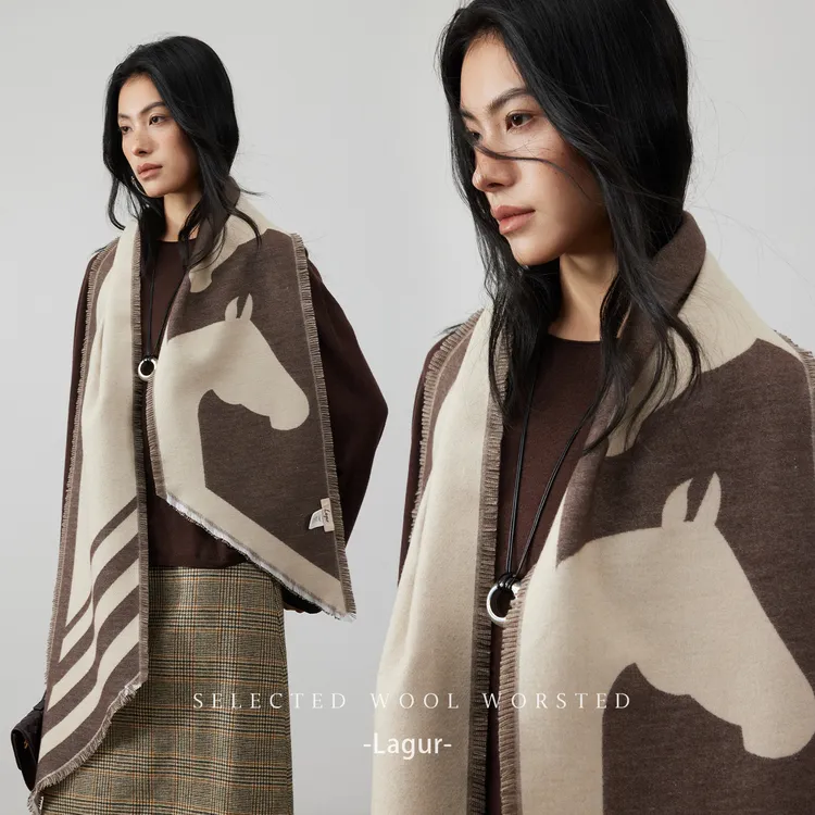 Lagur《双马头》精纺羊毛双面围巾加厚冬季新款长条斜边亲肤围脖