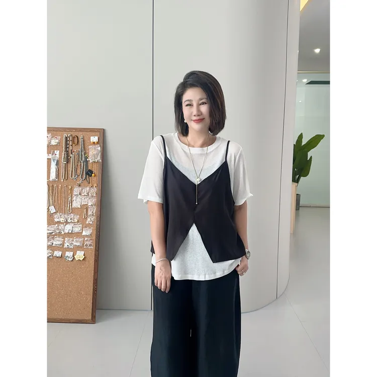 微胖女装【费城旧约】冰丝透气假两件T恤夏季新款显瘦20775