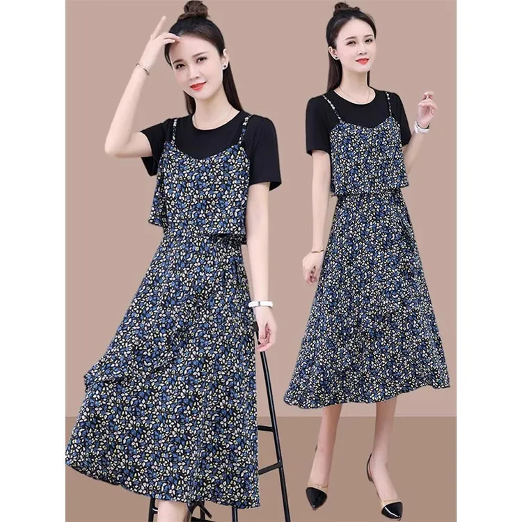 连衣裙女2026年夏季新款高腰中长裙子假两件碎花吊带拼接圆领小众