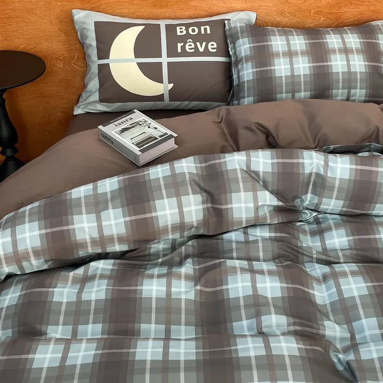 蓝色晚安 原创韩系撞色60支棉三四件套蓝咖格子床单被套单人床