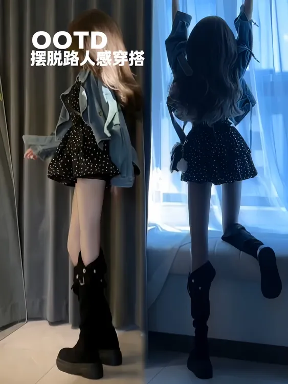 复古做旧拼皮牛仔短外套女秋季新款性感波点露背抹胸连衣裙两件套