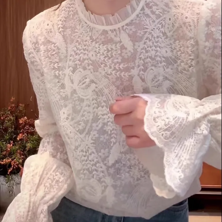2025年超仙爆款重工刺绣蕾丝立领设计套头秋冬气质时尚钩花上衣女