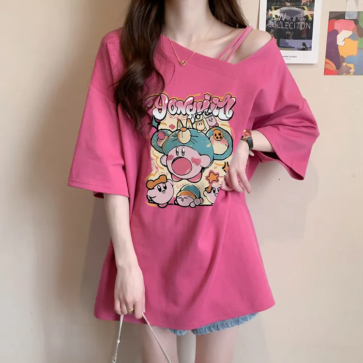 设计感小众纯棉短袖T恤女夏季新款韩版宽松大码显瘦斜领减龄上衣
