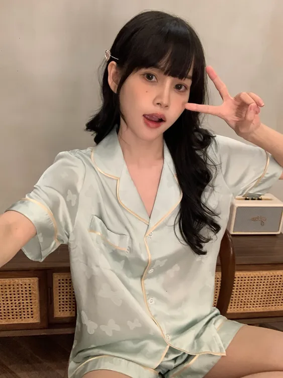 2025夏季爆款睡衣女士薄款时尚蝴蝶提花睡奢华两件套家居服睡衣
