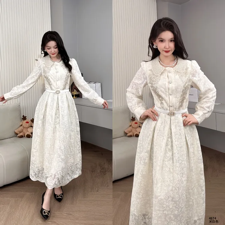saeda品牌女装重工钉珠收腰显瘦娃娃领长袖长裙YF4674