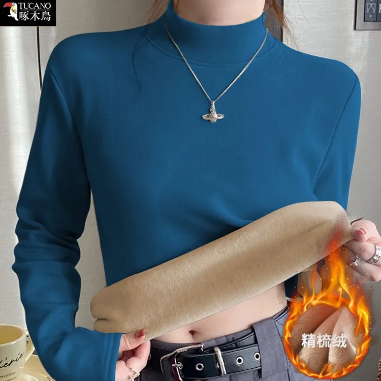 啄木鸟冬季加绒加厚修身显瘦上衣2025年新款女半高领长袖简约T恤