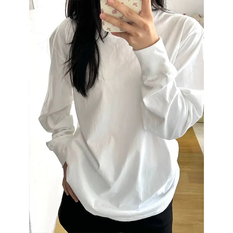 韩版白色长袖内搭打底衫纯棉t恤早秋女纯色休闲百搭情侣上衣潮ins