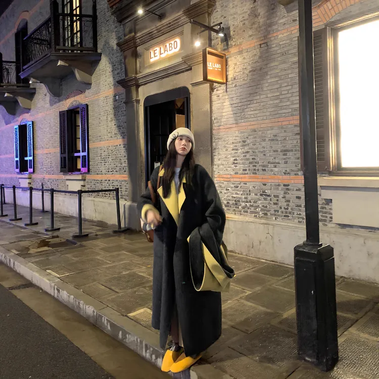 双面黑色翻领中长羊绒大衣毛呢外套呢子网红女西装