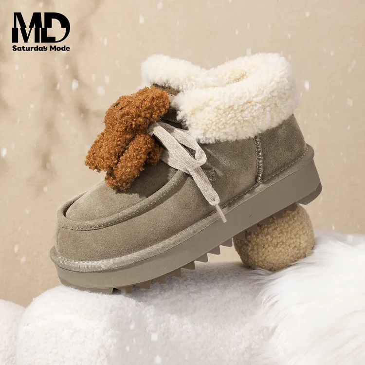SATURDAYMODE翻边毛绒雪地靴女冬季保暖系带短靴棉鞋MDD411AD01