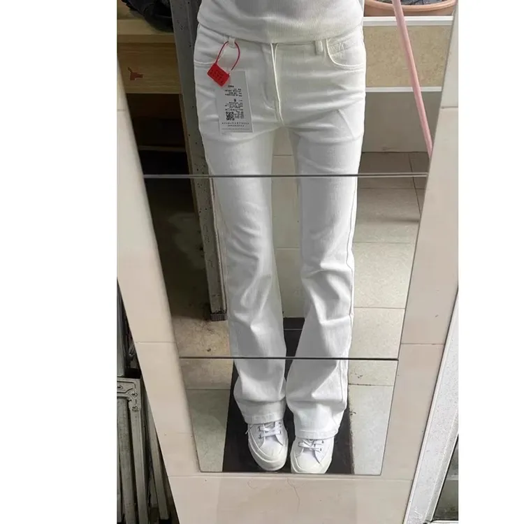 雪千羽小个子美式白色微喇叭牛仔裤女弹力高腰修身显瘦九分直筒裤