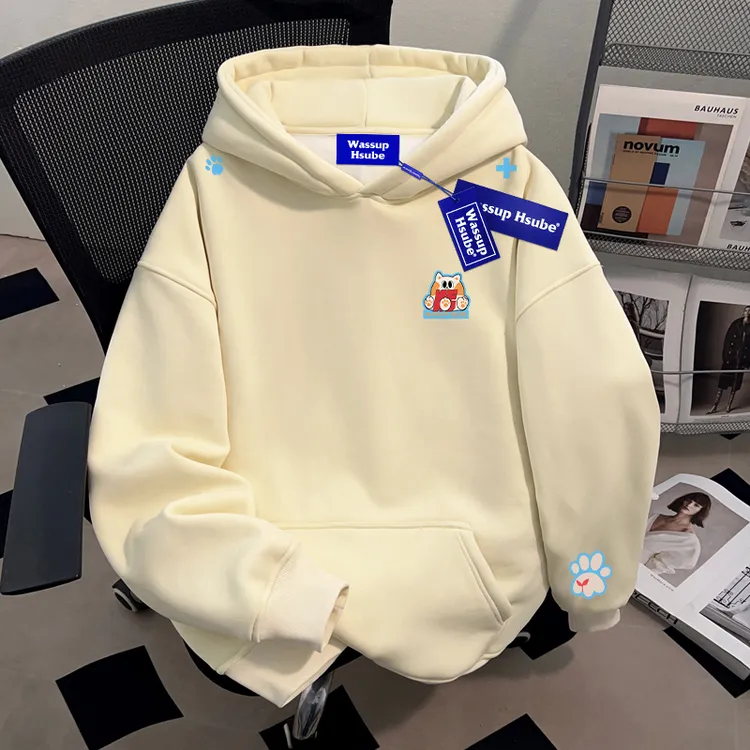 WASSUP HSUBE小众趣味休闲秋冬季加绒连帽卫衣重磅美式潮流上衣服