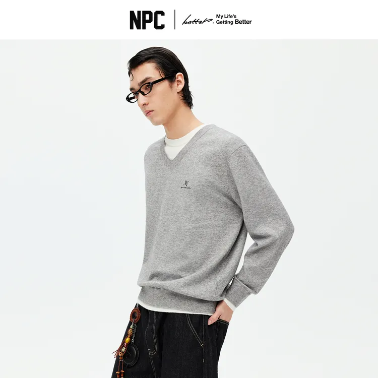 NPC潮牌【青花鹤福】系列撞色假二件圆领针织毛衣百搭慵懒NP59SW02