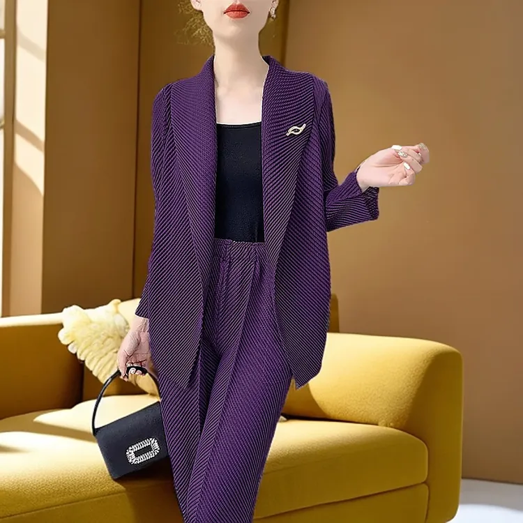 褶皱新款套装春秋休闲女长袖时尚轻奢欧美气质外套修身职业压皱衣