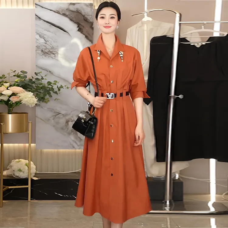 洋气通勤款纯色收腰A字裙2025春秋新款轻奢名媛风长袖连衣裙