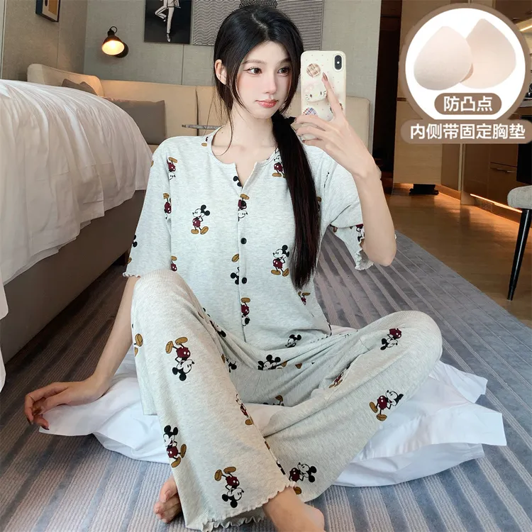 新款夏季女款睡衣带胸垫螺纹冰丝三件套爆款可爱米奇家居服套装