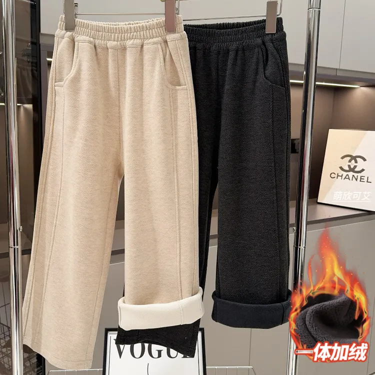 女童加绒卫裤秋冬2025新款保暖一体绒休闲糯米人字纹加厚阔腿裤