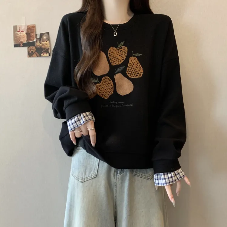 2025新款大码女装设计感假两件拼接格子宽松舒适百搭卫衣ins韩版
