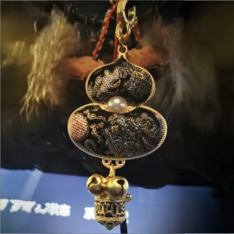 满丝宋锦 黑金双龙戏珠 祥云纹国风葫芦流苏吊坠车挂 压襟 香囊 