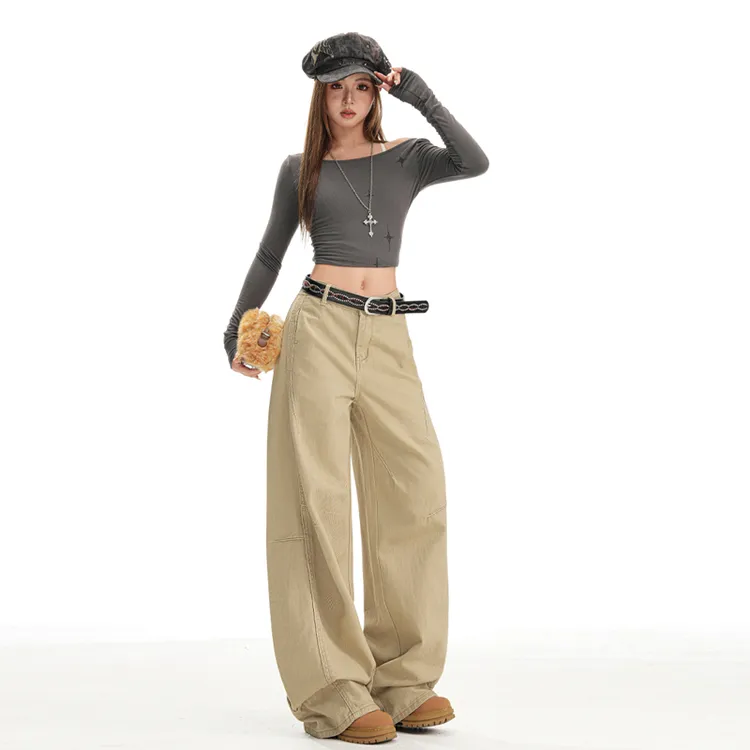 Busrr美式复古牛仔裤2025新款设计感拼接卡其色宽松阔腿直筒长裤