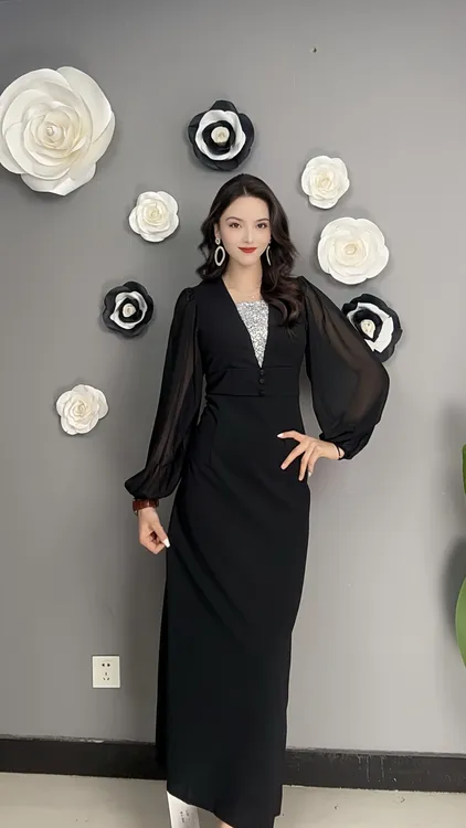 9889【包邮】新款假V领高级时尚女装连衣裙