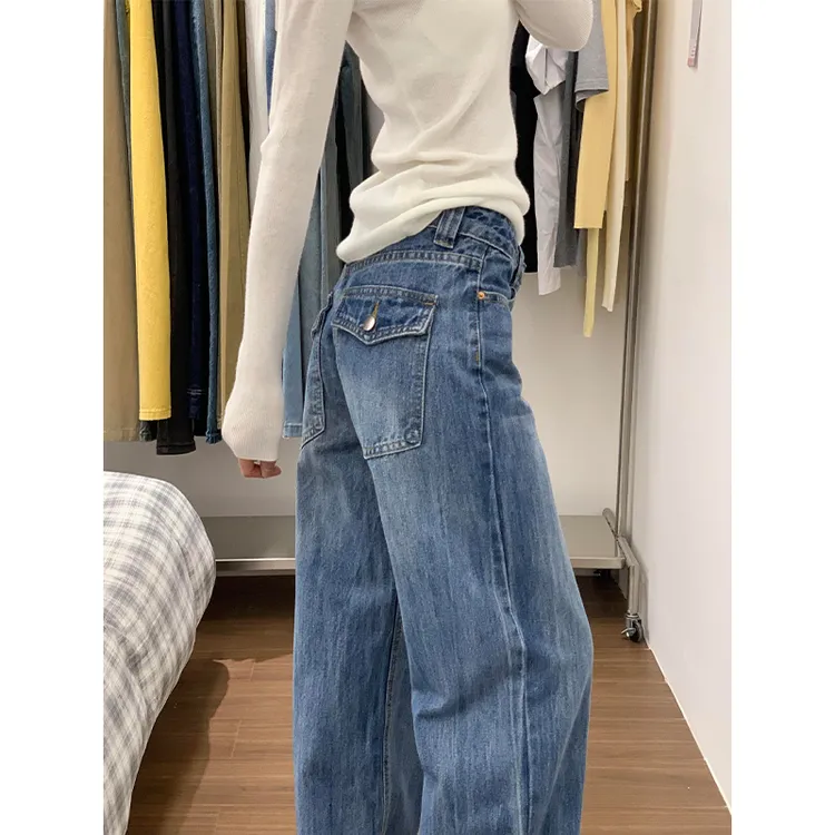 复古低腰竖纹水洗直筒牛仔裤女春秋新款宽松显瘦翻盖阔腿拖地裤子