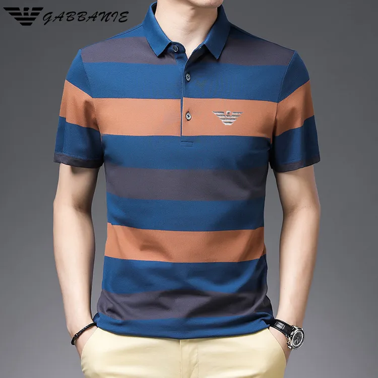 意大利专柜正品纯棉大牌高品牌中青年商务休闲条纹万针刺绣POLO衫