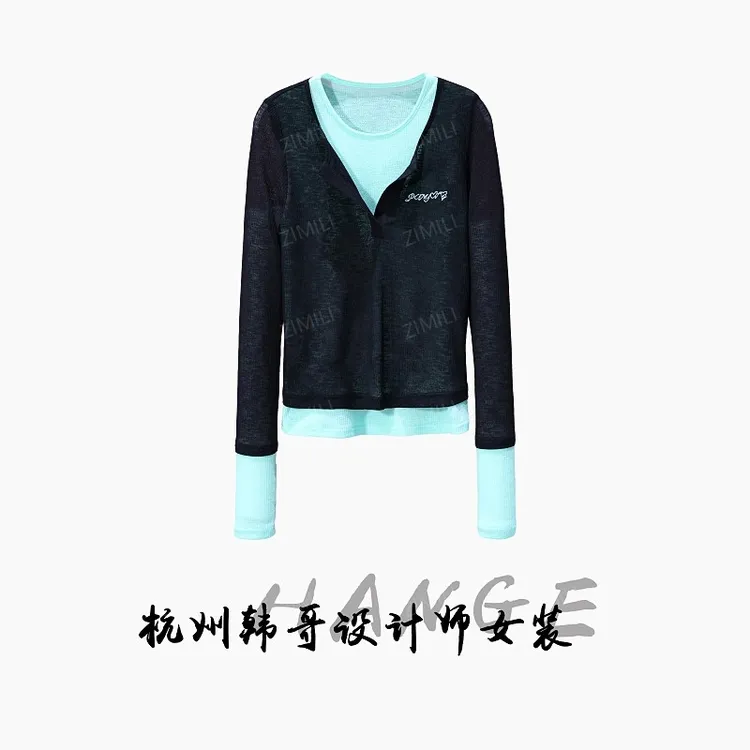 【韩哥女装】2025欧版《梦幻》黑青拼接刺绣假两件气质上衣8001-A9